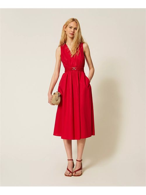 Abito longuette in popeline con cintura logo